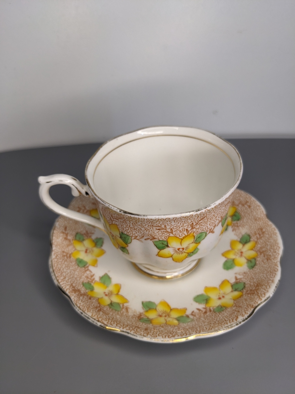 Royal Albert Yellow Floral Teacup And Saucer Set Vintage Gold Trim Wear